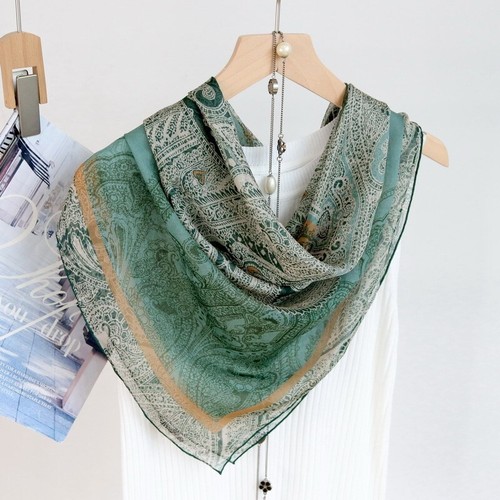 Mulberry Silk Chiffon Wrap Square Scarf Shawl Paisley Print Hand Rolled 41" - Picture 3 of 9