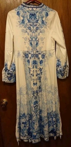 Women's Size L Floral Print Maxi Dress Long Sleeves Buttons Belt Blues White - Picture 8 of 10