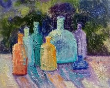Bunte Flaschen Ölmalerei 24x30 cm Stillleben Art Original Ölgemälde auf Karton