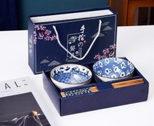 Japanese Ceramic Bowl Gift Set | 2 Bowls + Chopsticks | Elegant Box | Zen Style