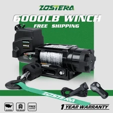 ZOSTERA Electric Winch 6000LBS 12V Synthetic Rope Boat Trailer Winch 4WD Towing