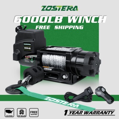 ZOSTERA Electric Winch 6000LBS 12V Synthetic Rope Boat Trailer Winch 4WD Towing