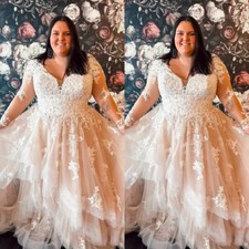 Plus Size Blush Pink Wedding Dresses Long Sleeves Lace Ruffle A Line Bridal Gown