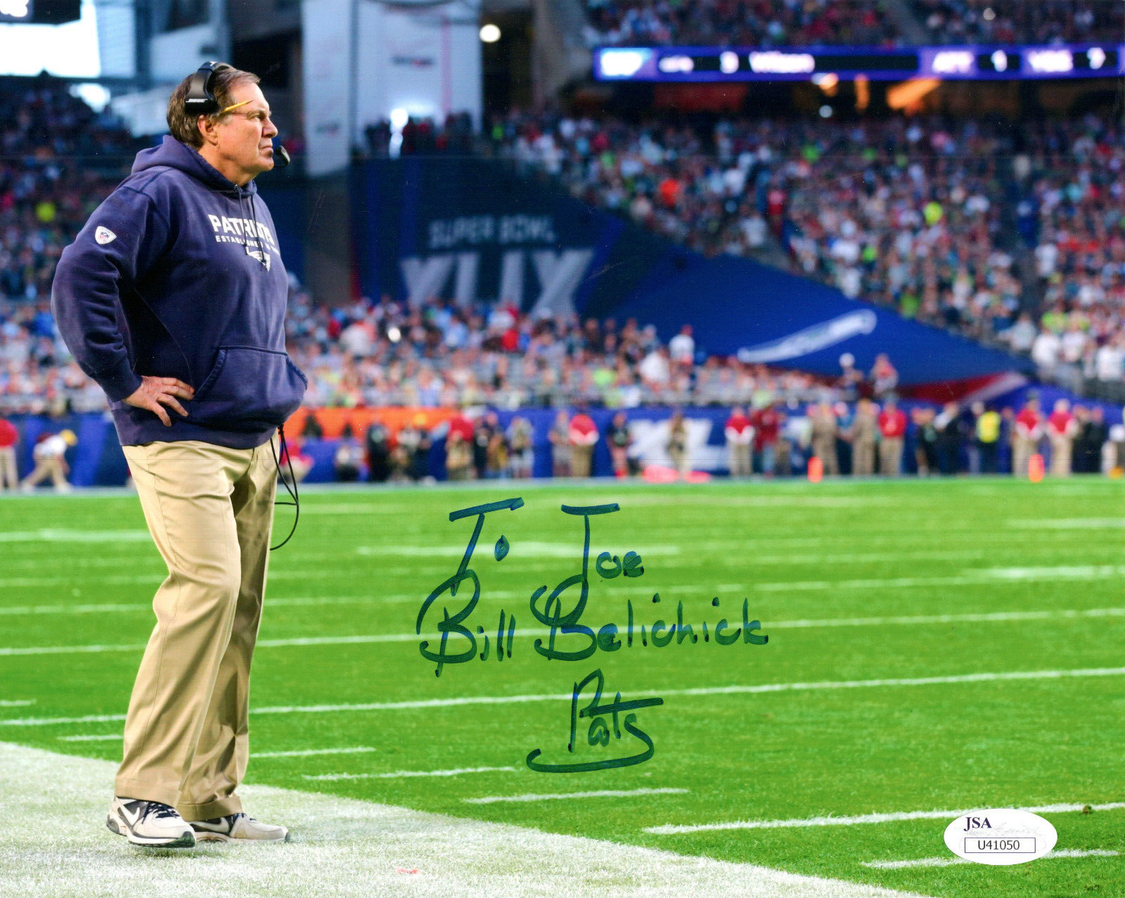 BILL BELICHICK HAND SIGNED 8x10 PHOTO     NEW ENGLAND PATRIOTS    TO JOE    JSA