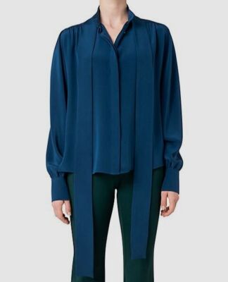 Akris Women's Blue Silk Crepe Detachable Bow Blouse Top Size 8
