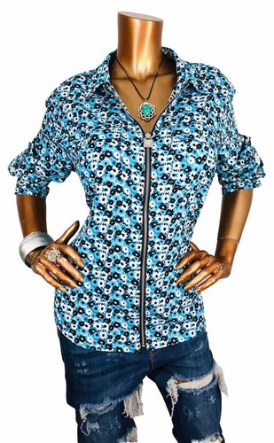 Michael Kors XL Top Floral Print MK Logo Full Zip Up Blouse Shirt Long Sleeves