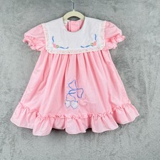 VTG Pink Frilly Easter Dress Size 4 Embroidered Bow Peter Pan Collar Coquette