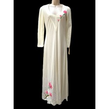 1970s Hippie Cream Knit House Dress Pink Floral Embroidery Hollywood Wardrobe