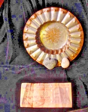 Jambhala copper mandala offering puja bowl Mt Kailash stones w flying monk money