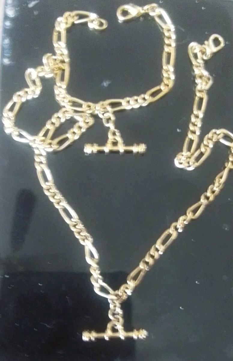 Gold Plated T bar Albert Chain Bracelet and matching necklace