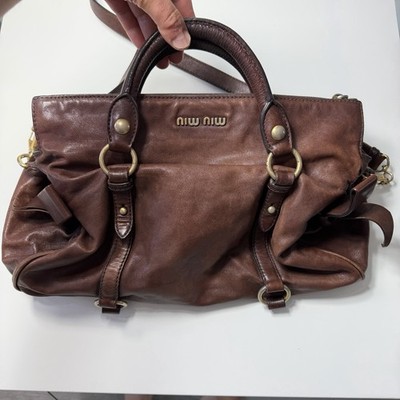 Miu Miu Vitello Lux Bow Bag Braun Leder 2 Wege Umhängetasche Schultertasche Vintage