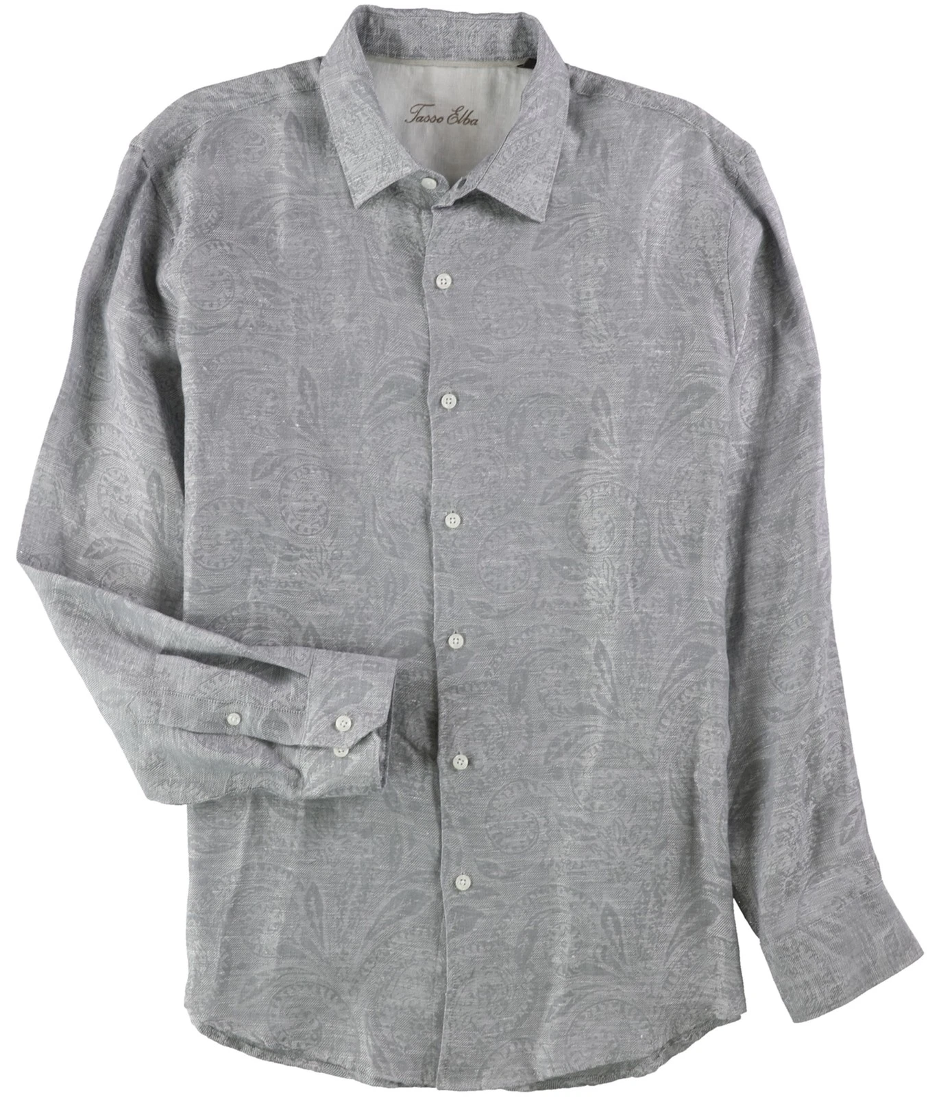 Tasso Elba Mens Linen Jacquard Button Up Shirt, silver, L Neck