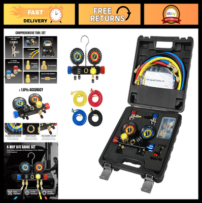 #ad 4 Way AC Manifold Gauge Set for R134a R12 R22 R502a 5FT Hoses amp; Freon Kit $93.99