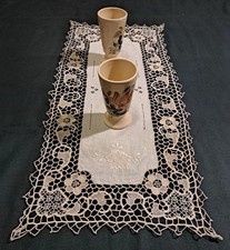 Runner vintage in pizzo ungherese con inserto in lino, decorazione tavolo metà secolo, 67 x 30 cm