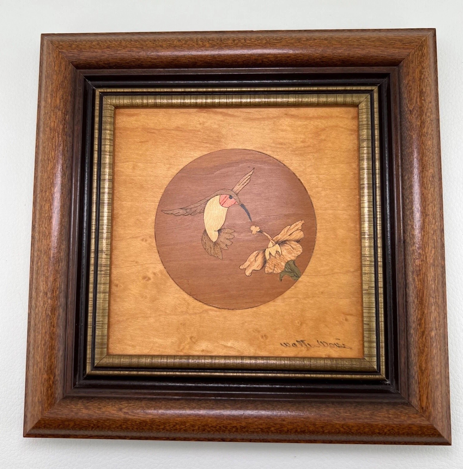 Marquetry Wood Inlay Hummingbird Bird Flower Signed Walter Weiss Framed 8"