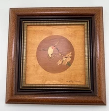 Marquetry Wood Inlay Hummingbird Bird Flower Signed Walter Weiss Framed 8"