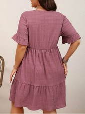 Plus Size Dusty Pink Ruffle Sleeve Baby Doll Flare Short Sleeve Dress