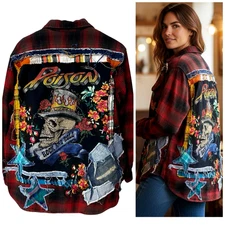 Upcycled Flannel Shirt Womens 1X Red Skull Halloween Grunge Camp Rock Concert