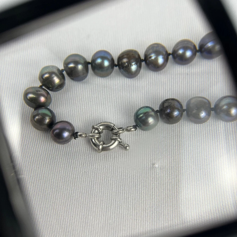 Antiga pulseira de pérolas com nós de pavão taitiano preta 9-10 mm prata fecho alternado 8" - Imagem 3 de 3