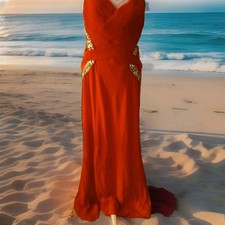 Colors Dress Formal Prom Cherry Red Beaded /Rhinestone Trim Back Train Sz 12