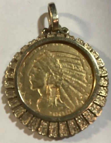 US 5 DOLLAR GOLD PIECE 1909-D Indian Head-Half Eagle Coin In Necklace GoldBezel
