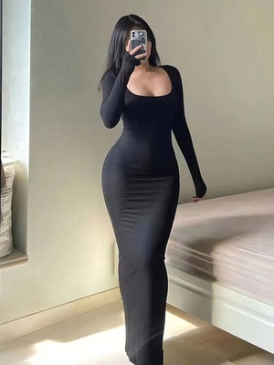 Solides, langärmliges, figurbetontes Damenkleid, schickes, einfaches, minimalist