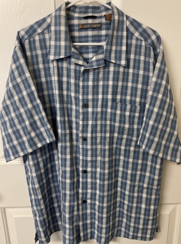 John Henry Shirt Mens Xlarge Short Sleeve Button Up Textured Striped Blue White