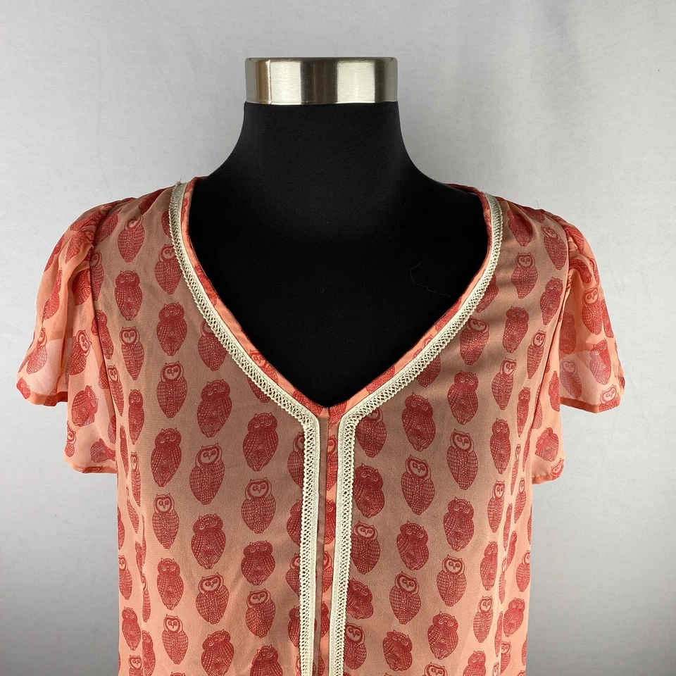 Maison Jules Top Womens Semi Sheer Allover Owl Print Lace Trim Flutter Sleeve M - Image 2 of 4
