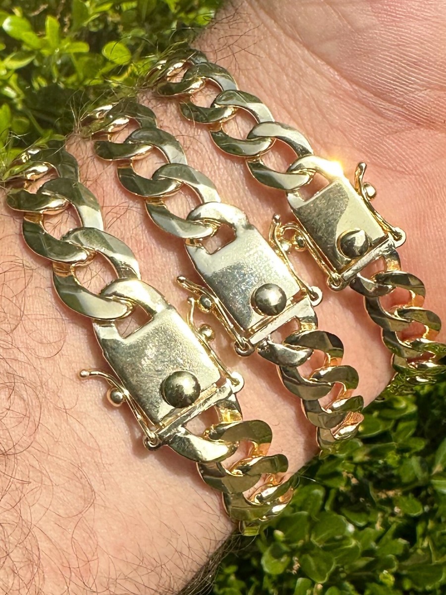 Flat Curb Cuban Link Chain Bracelet Real 14k Gold Plated 925