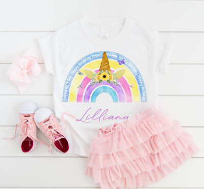 Einhorn Regenbogen Thema personalisiert Geburtstag T-Shirt optional Alter auf Rücken