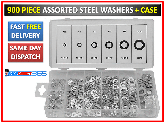 900 x Steel Assorted Flat Washers Kit For Metric Bolts & Screws Assortment 4-29 900 x Steel Assorted Flat Washers Kit For Metric Bolts & Screws Assortment 4-29