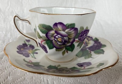 Vintage Rosina Bone China Cup & Saucer Purple Roses Gold Edges England Lovely!