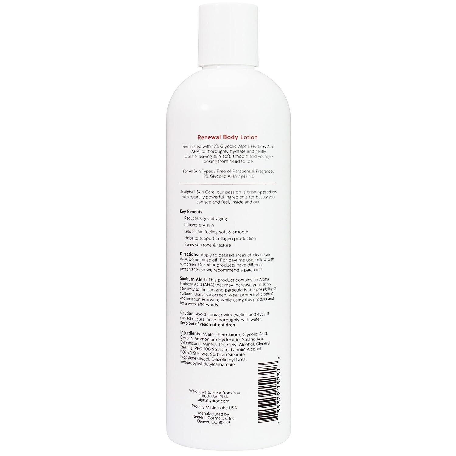 Alpha Skin Care Renewal Body Lotion, 12% Glycolic AHA, 12-Ounce