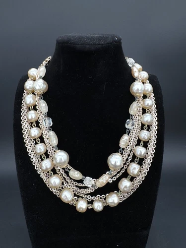Mid Century Multi Stand Faux Pearl & Glass Necklace - Vintage Costume Jewelry