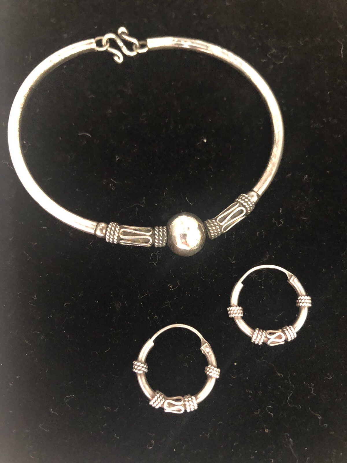 Sterling Silver 925 Tribal Bali Boho Bangle Bracelet & Hoop Earrings Set