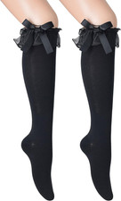 Women Girl'S Cotton Knee High Socks with Lace Ruffle Trim Socks, Calf Socks Bow