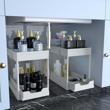 Cabinet, 2 Pack under Sink Organizer, 2 Tier Sliding Bathroom Kitchen Organizer,