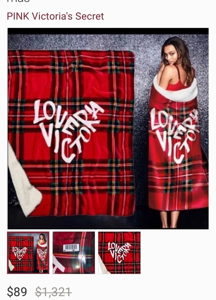 Victoria Secret Sherpa throw Tartan Design With V S Logo Bnwt