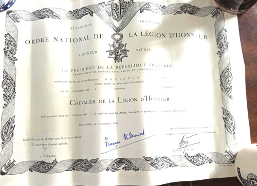 Authentic French Legion of Honor Certificate Signed by President François Mitter