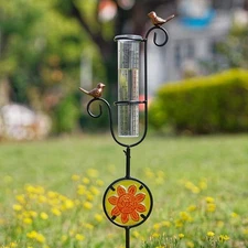 Hummingbird Rain Gauge Outdoor Metal Garden Decor w/ Stained Colorful-Glass