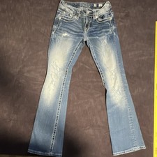 Miss Me Blue Bootcut Denim Jeans Distressed Rhinestone Embroidered Women