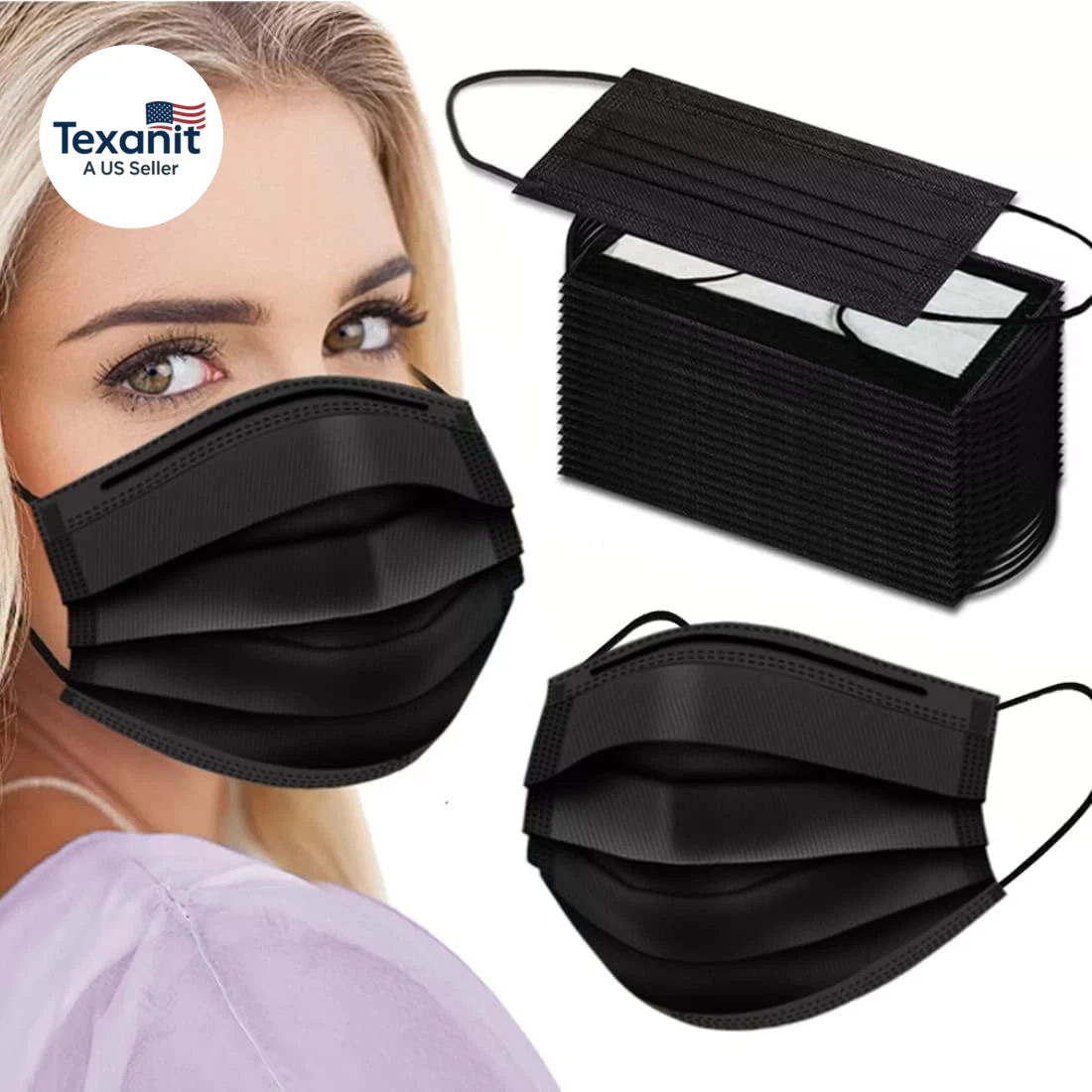 Black Face Masks, 3-Ply Black Masks Disposable 100 Pk (Premium Comfort Soft Whit