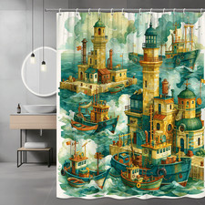 Nautical Lighthouse and Boats Shower Curtain Ocean Print