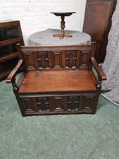 OLD CHARM CARVED OAK PANELLED MONKS BENCH/HALL SEAT/PEW/SHOE/TOY STORAGE