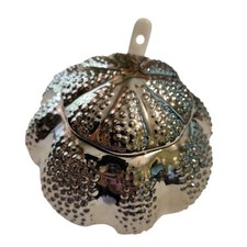 Williams Sonoma Silver Ceramic Sea Urchin Sugar Bowl with Lid and Spoon Coastal