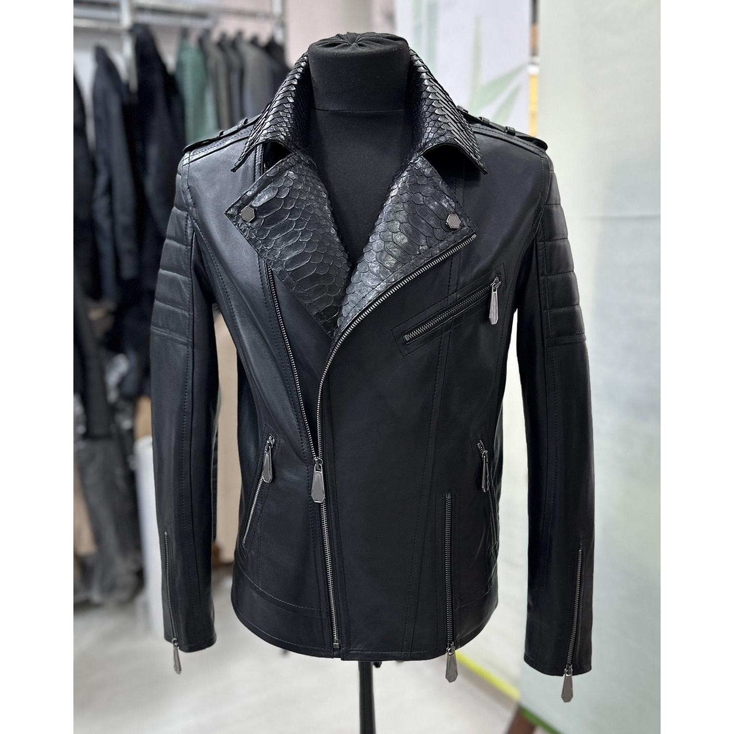 Men's Real Python Skin Trim Genuine Leather Black Luxury Motorcycle Biker Jacket image 2