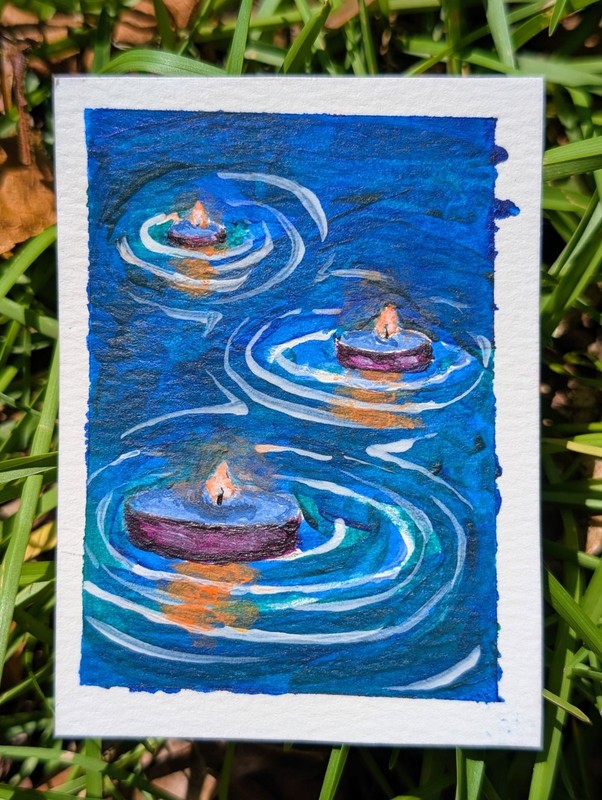 ACEO Original Floating Candles on Water Painting Contemporary Still Life Signed