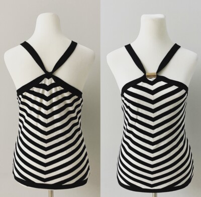 Cache Knit Halter Top Blouse Black/White Chevron Striped Medium M NEW! $78