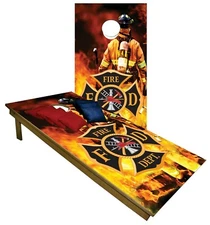CORNHOLE BEANBAG TOSS GAME w Bags Game Board Fire Deparment USA Red Hot Set 