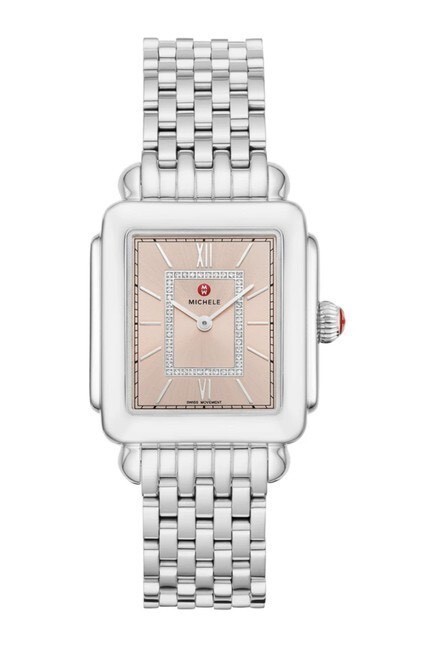 NEW MICHELE DECO II DESERT ROSE PINK DIAMOND DIAL STEEL WATCH 